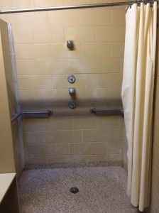 Shower at the secluded campground--hot water not always available! Water was a timed, push-button that would go off after a minute.